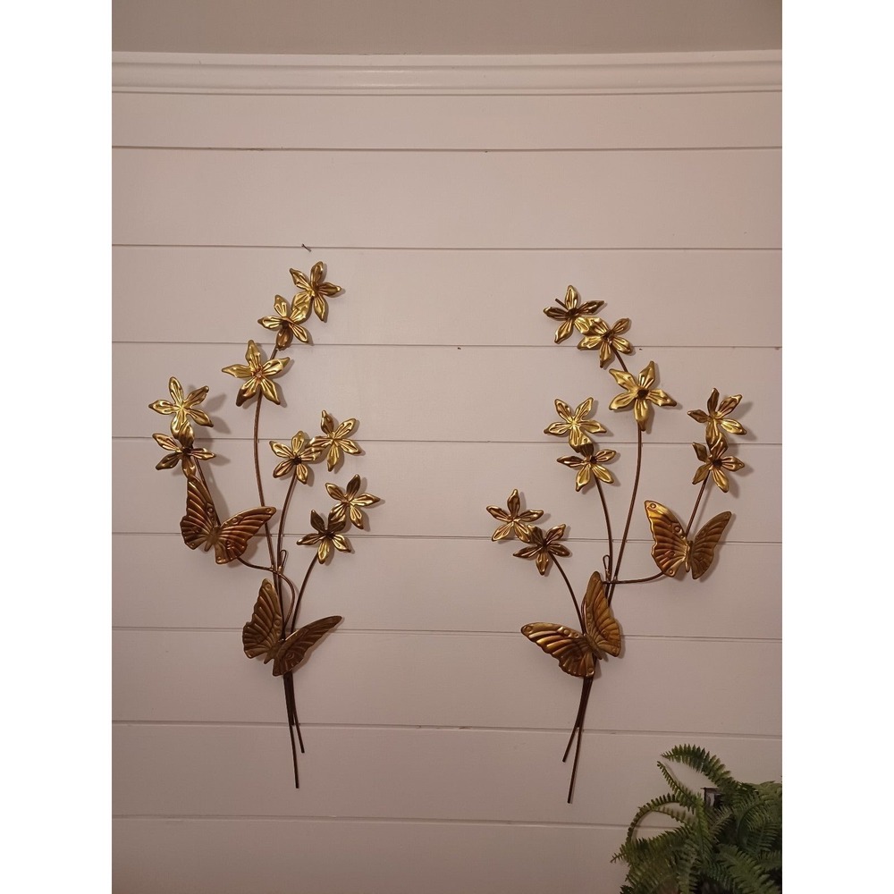 Vintage butterfly and flower copper and brass colored metal wall hanging
